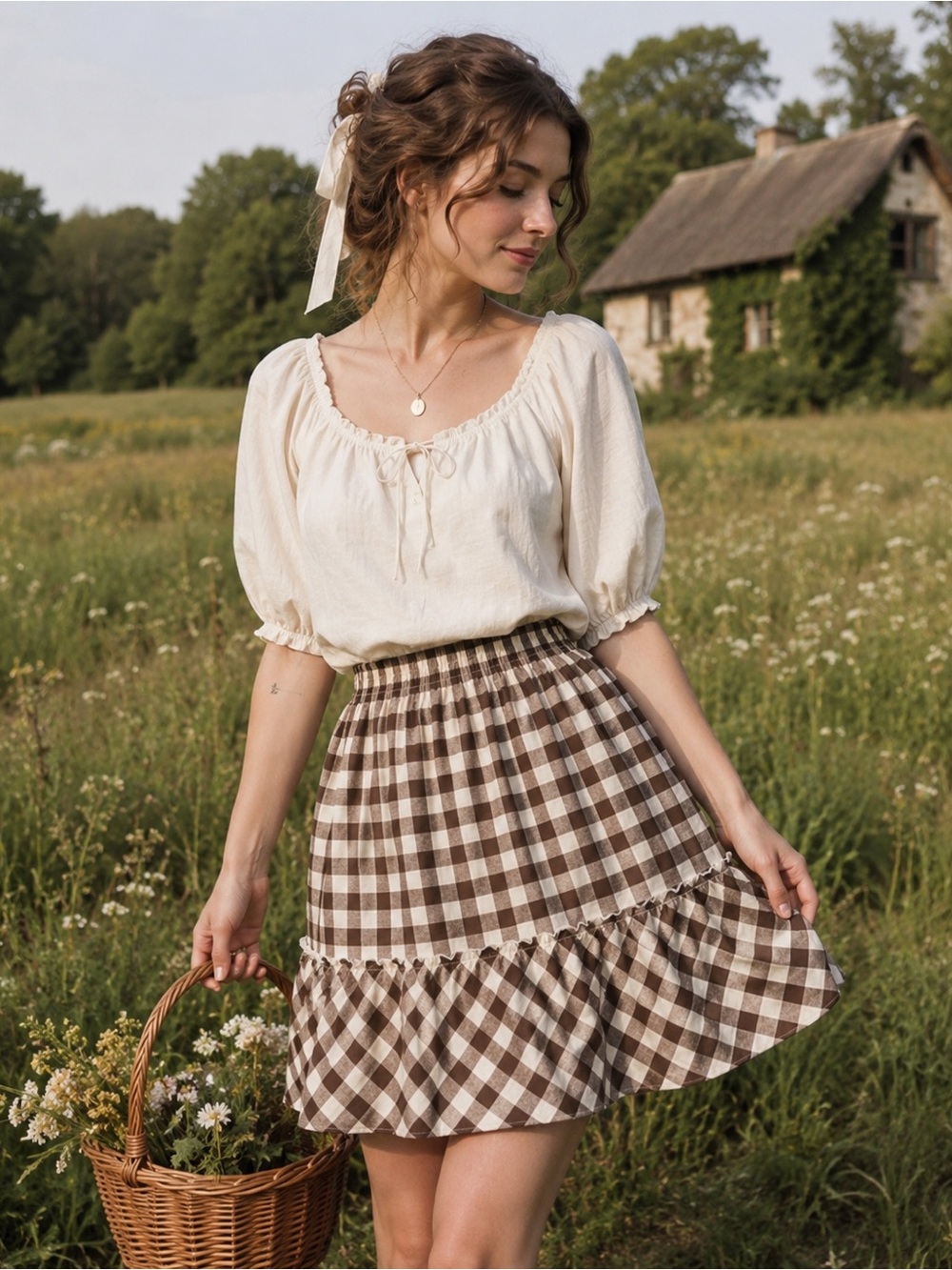 Promesa Brown Gingham Cottagecore Mini Skirt NWT Size Large
